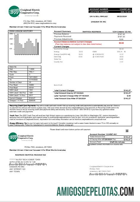 realista Modelo de conta de serviços públicos Craighead Electric dos EUA em formatos Word e PDF
